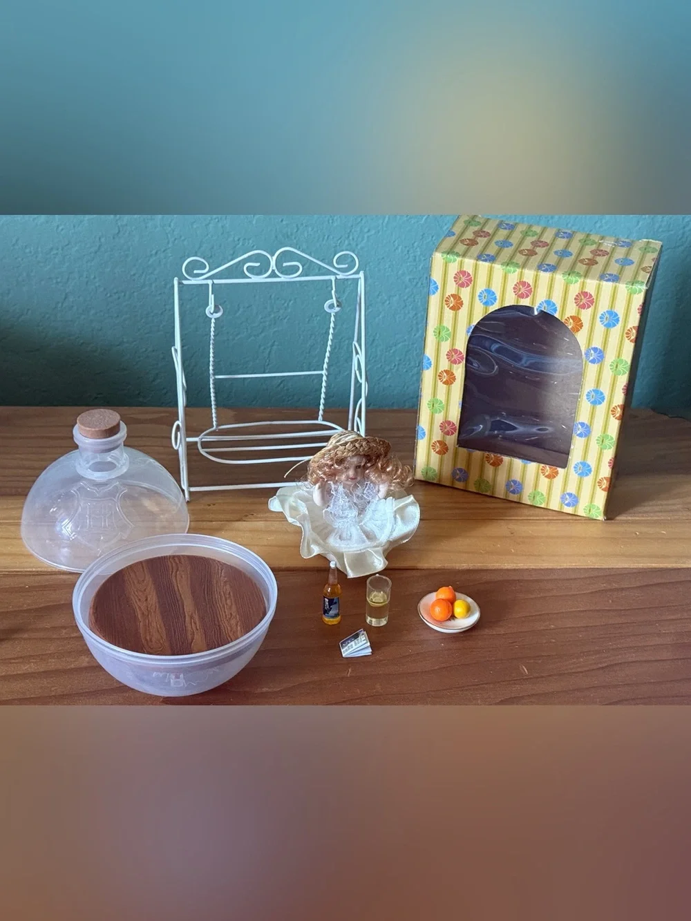 Vintage Miniature Porcelain Doll Swing Table Food Accessories Set